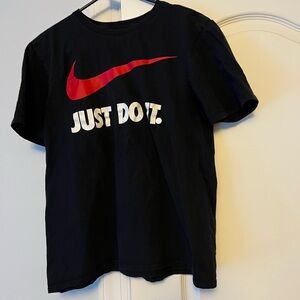 Nike Black Tee with Red Swoosh and White Text